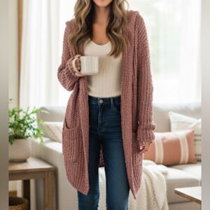 Goodnight Macaroon Mauve Hooded Slouchy Boucle Knit Open Front Cardigan Sweater